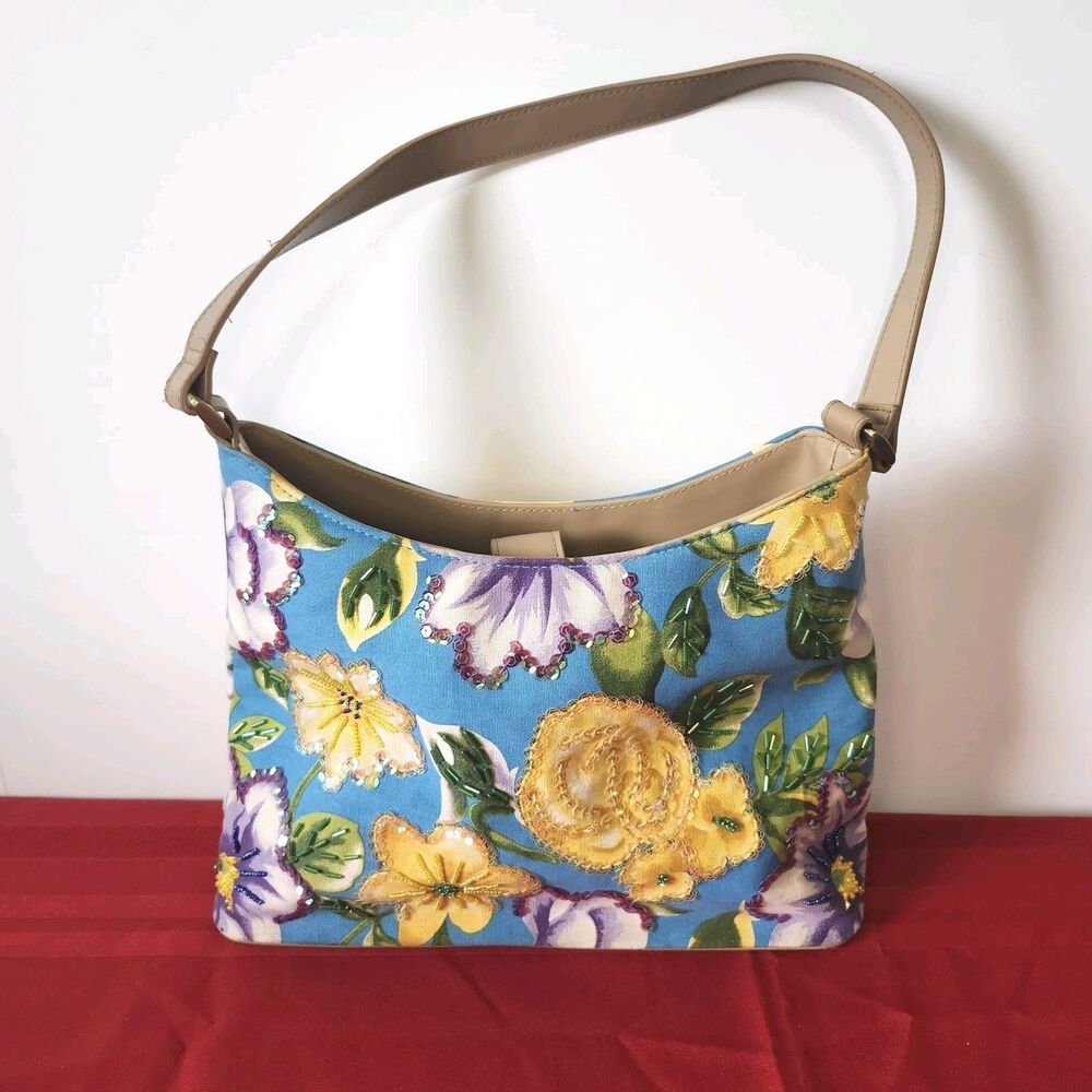Bueno Floral Beaded Shoulder Bag Faux Leather Blue Multi Color Purse VTG